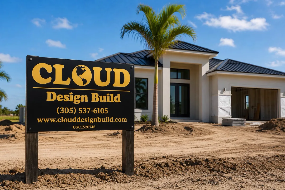 Cloud Design Build job site sign in front of a custom home under construction in Southwest Florida