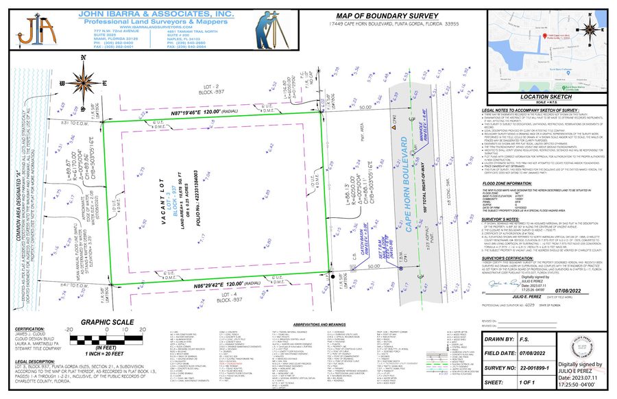 Boundary survey for a vacant lot on Cape Horn Boulevard in Punta Gorda, Florida, prepared for Cloud Design Build