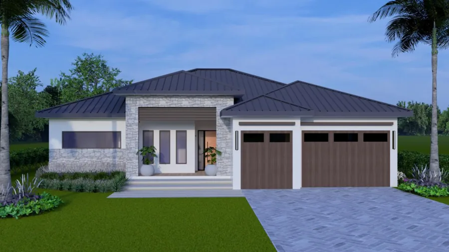 PALMA Collection custom home with a dark metal roof and stone entry