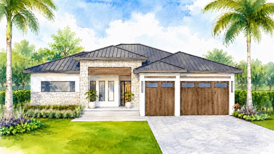 Watercolor rendering of a PALMA Collection custom home with a dark metal roof and stone entry