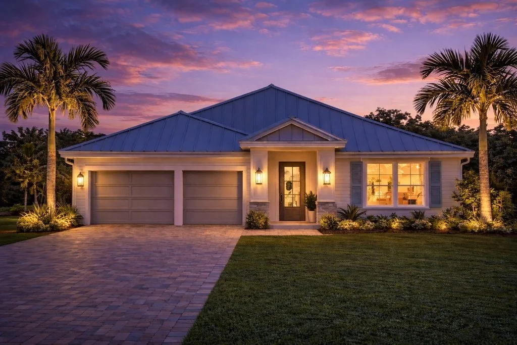 The Aria Collection at dusk - a white standing-seam metal roof, a gabled entry and lit front windows