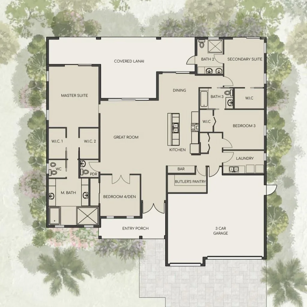 Floor plan for the Coastal Collection - four bedrooms, three and a half baths and a three-car garage across 2,600 square feet under air