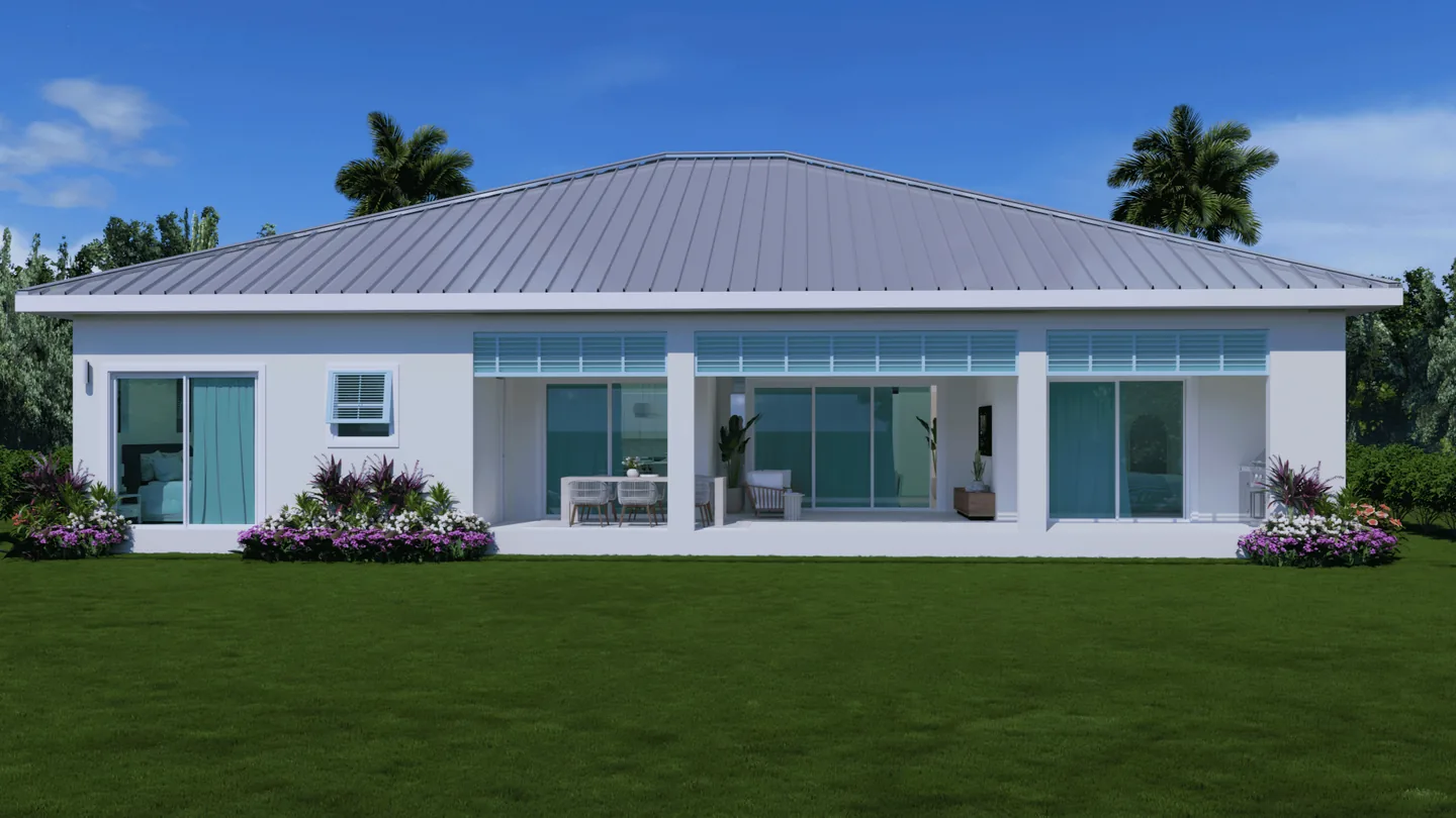 Rear elevation of a Coastal Collection home at 17449 Cape Horn Blvd - the covered lanai running the width of the house, with sliding glass doors onto the living space and the lake beyond