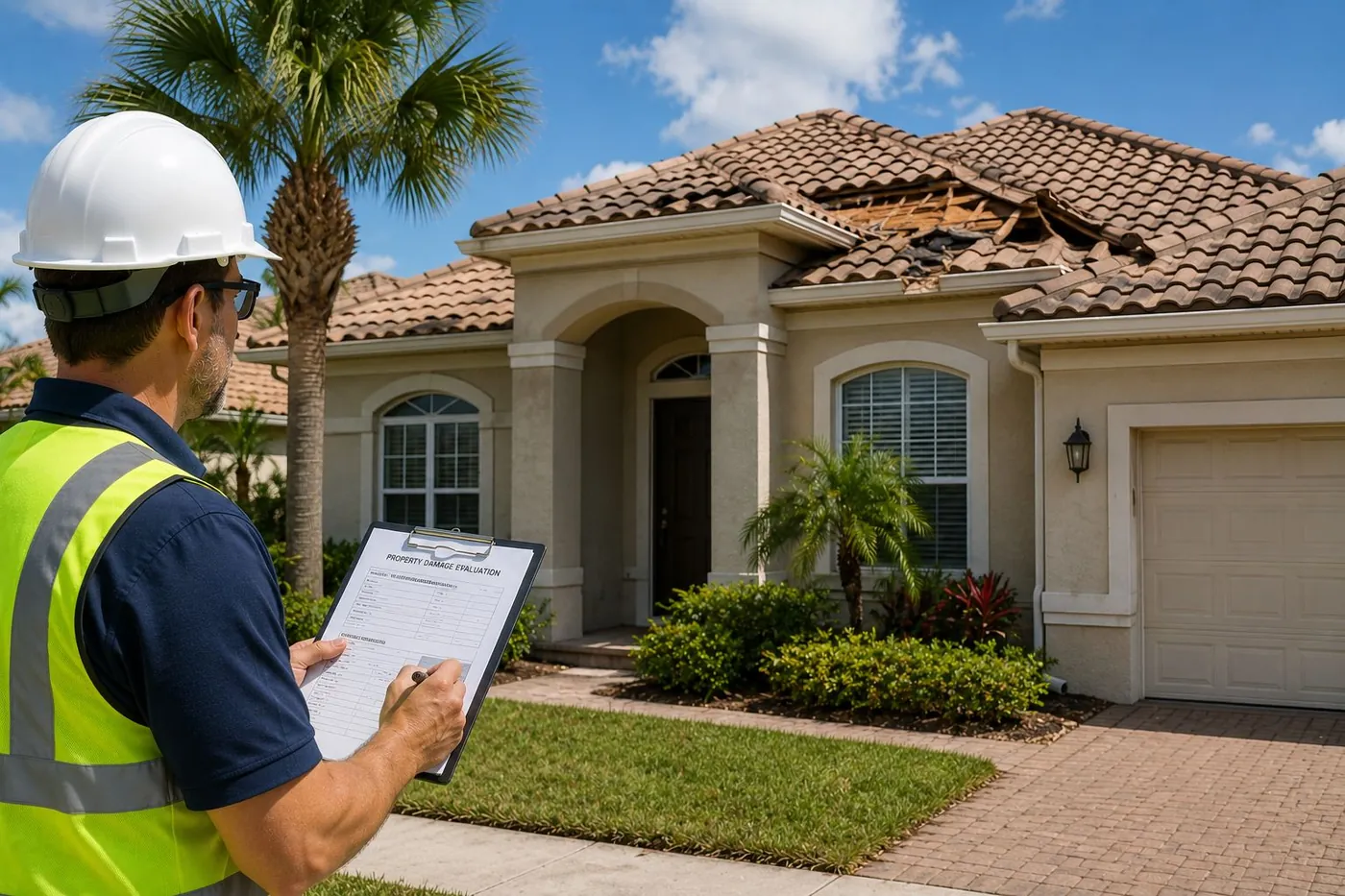 Storm-damaged Florida roof documented for a property insurance claim