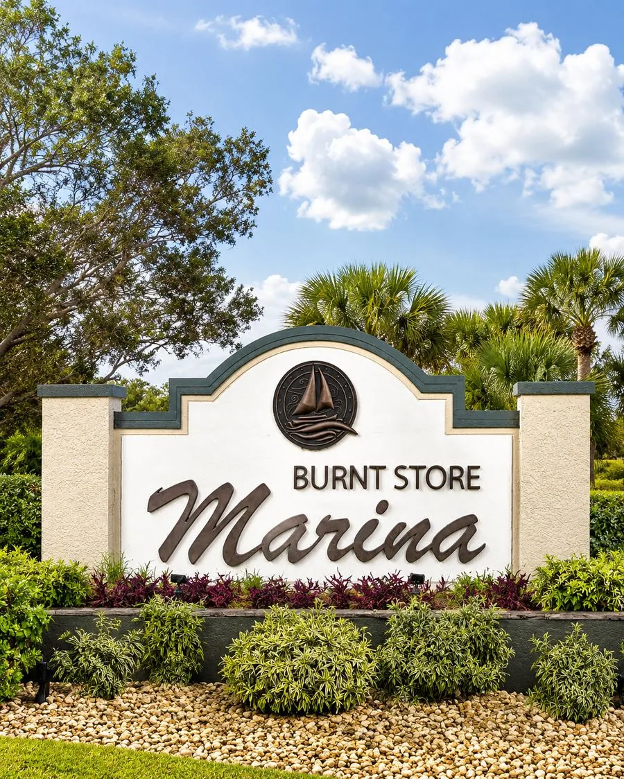Burnt Store Marina entrance sign, a gated marina community in Punta Gorda, Florida