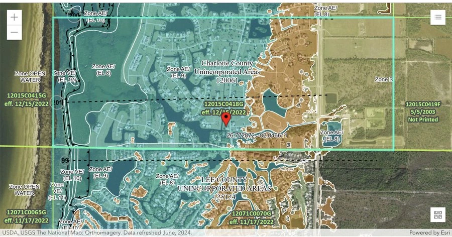 FEMA flood zone map covering part of Burnt Store Lakes, showing zone AE with base flood elevations of 8 to 10 feet alongside zone VE and open water