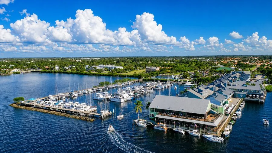 Aerial view of Fishermen's Village waterfront marina, shops and restaurants in Punta Gorda, Florida