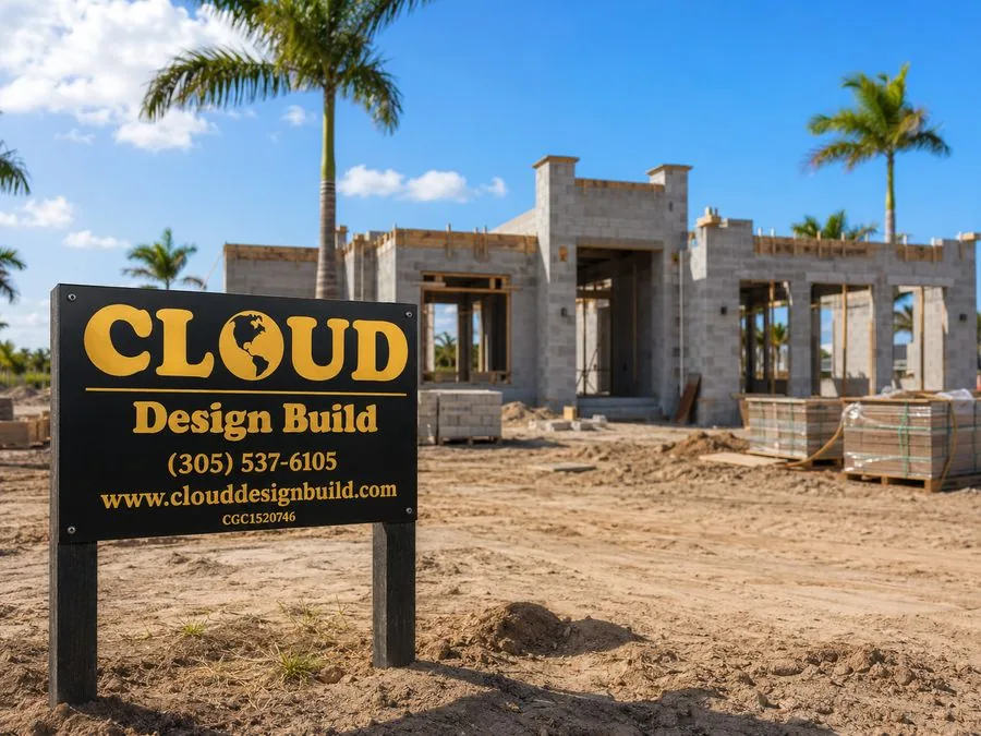 Cloud Design Build job site sign in front of a custom home under construction in Punta Gorda, Florida
