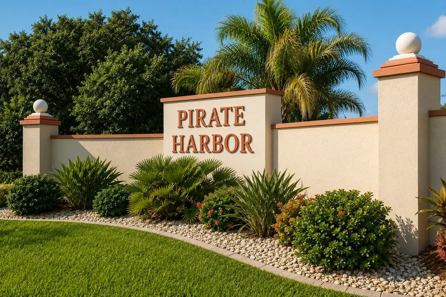 Pirate Harbor entrance wall and sign, Punta Gorda, Florida