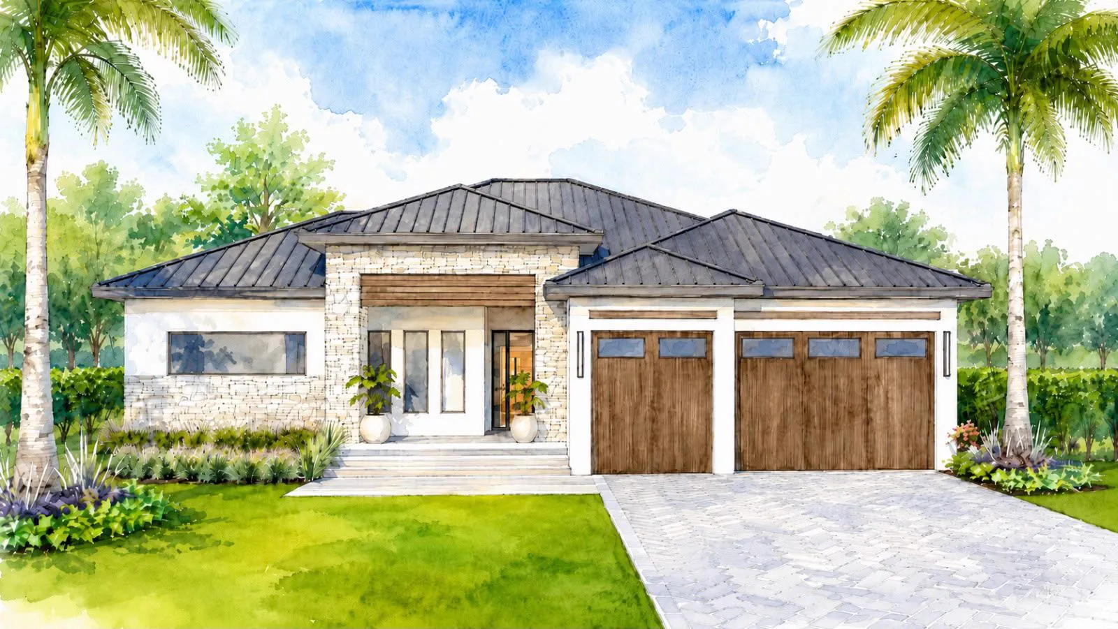 Modern custom home at dusk, Southwest Florida