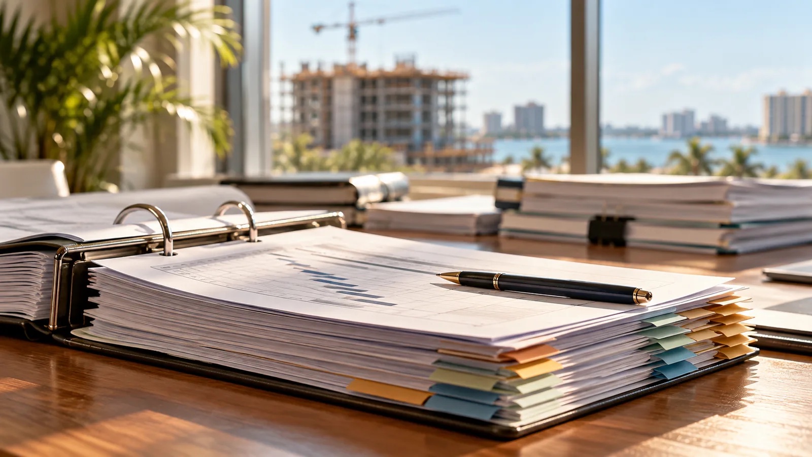 Tabbed project records and cost documents prepared for expert review in a construction dispute
