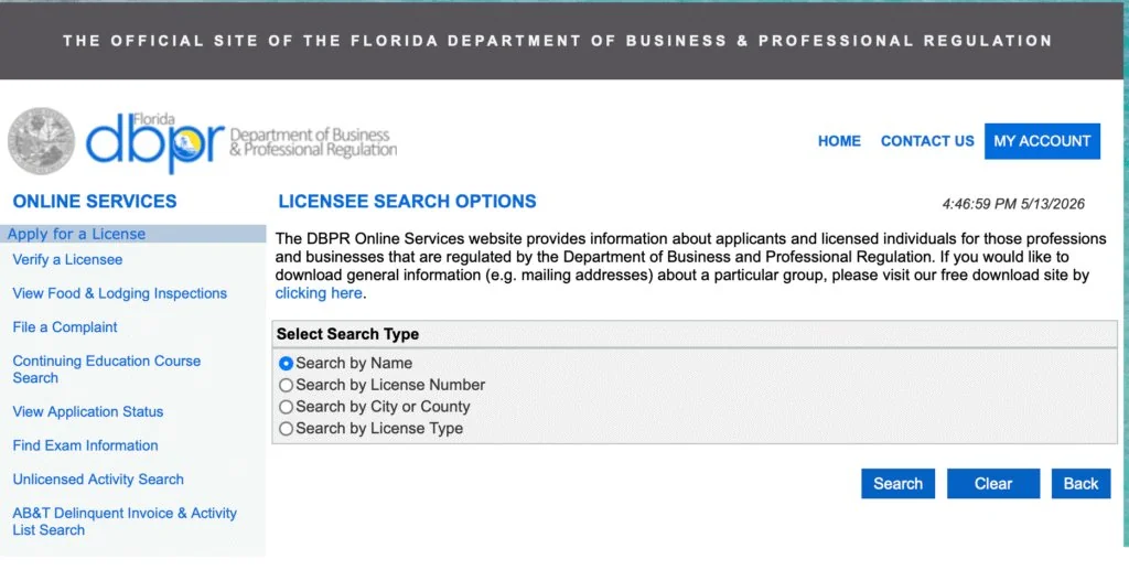 The Florida DBPR licensee search page, with options to search by name, license number, city or county, or license type