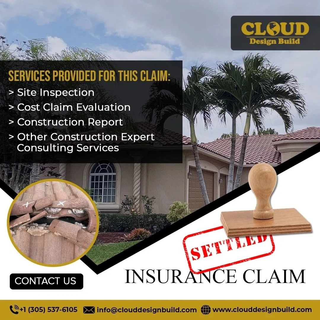 Graphic listing construction expert services for an insurance claim, stamped Settled