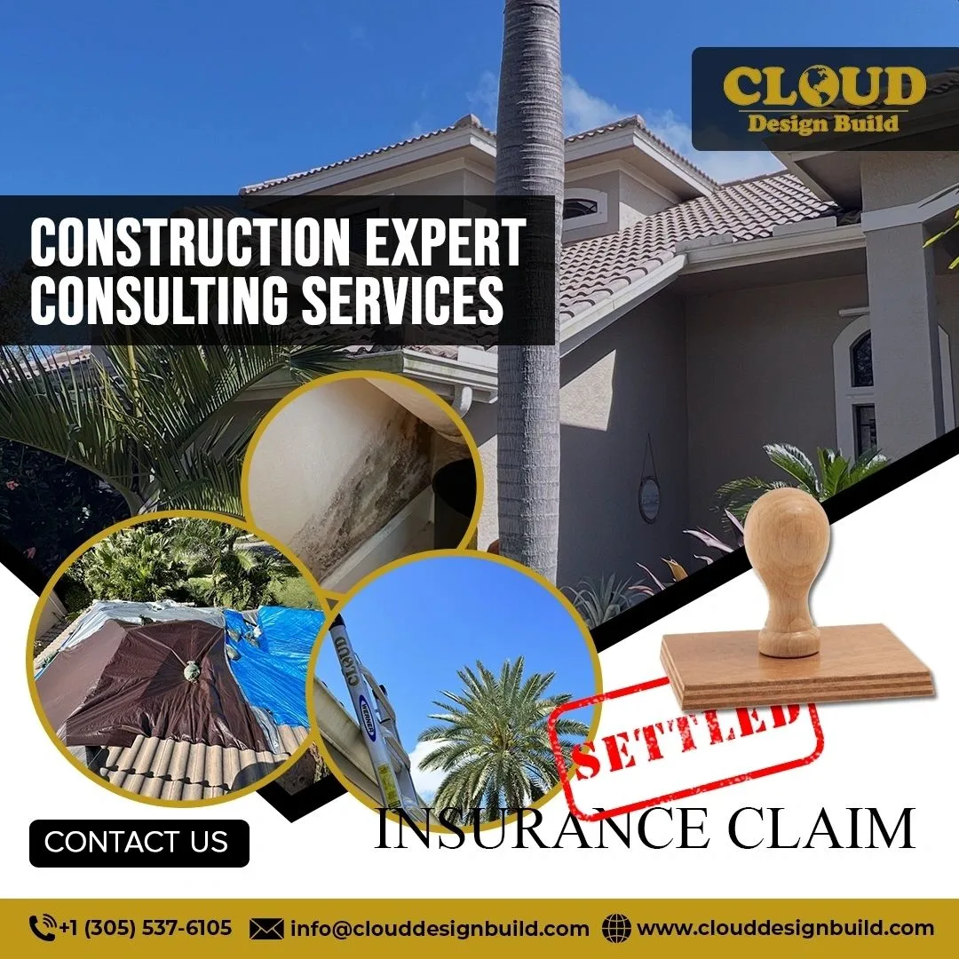 Cloud Design Build promotional graphic for construction expert consulting on a settled insurance claim