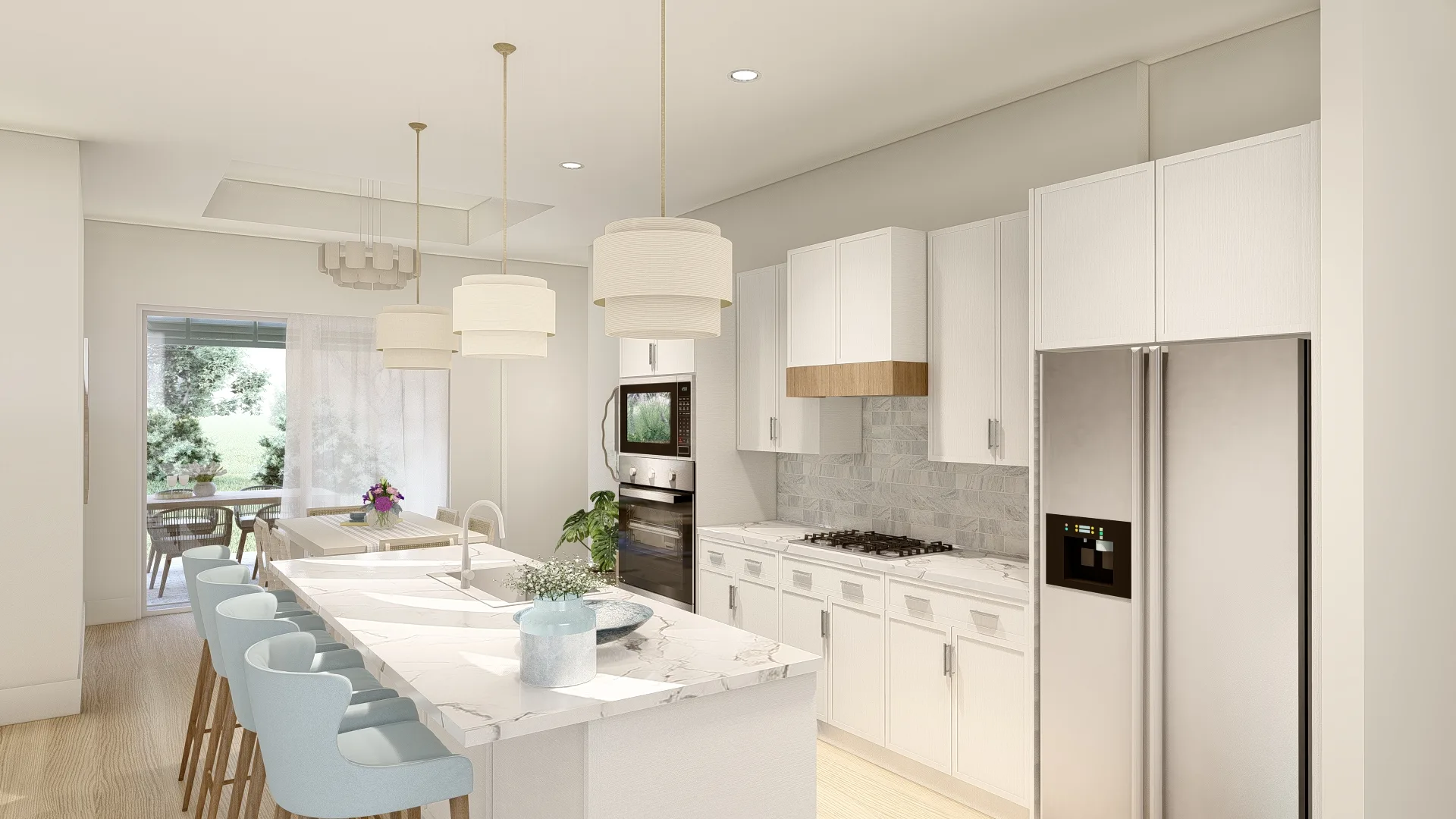 Modern white kitchen with a waterfall marble island, blue barstools, and an open dining area