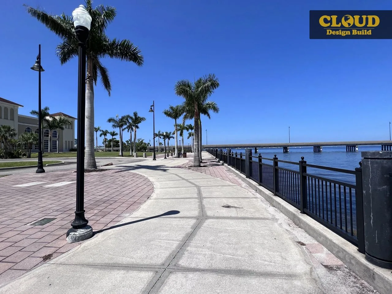 Palm-lined waterfront walkway along the harbor in Punta Gorda, Florida