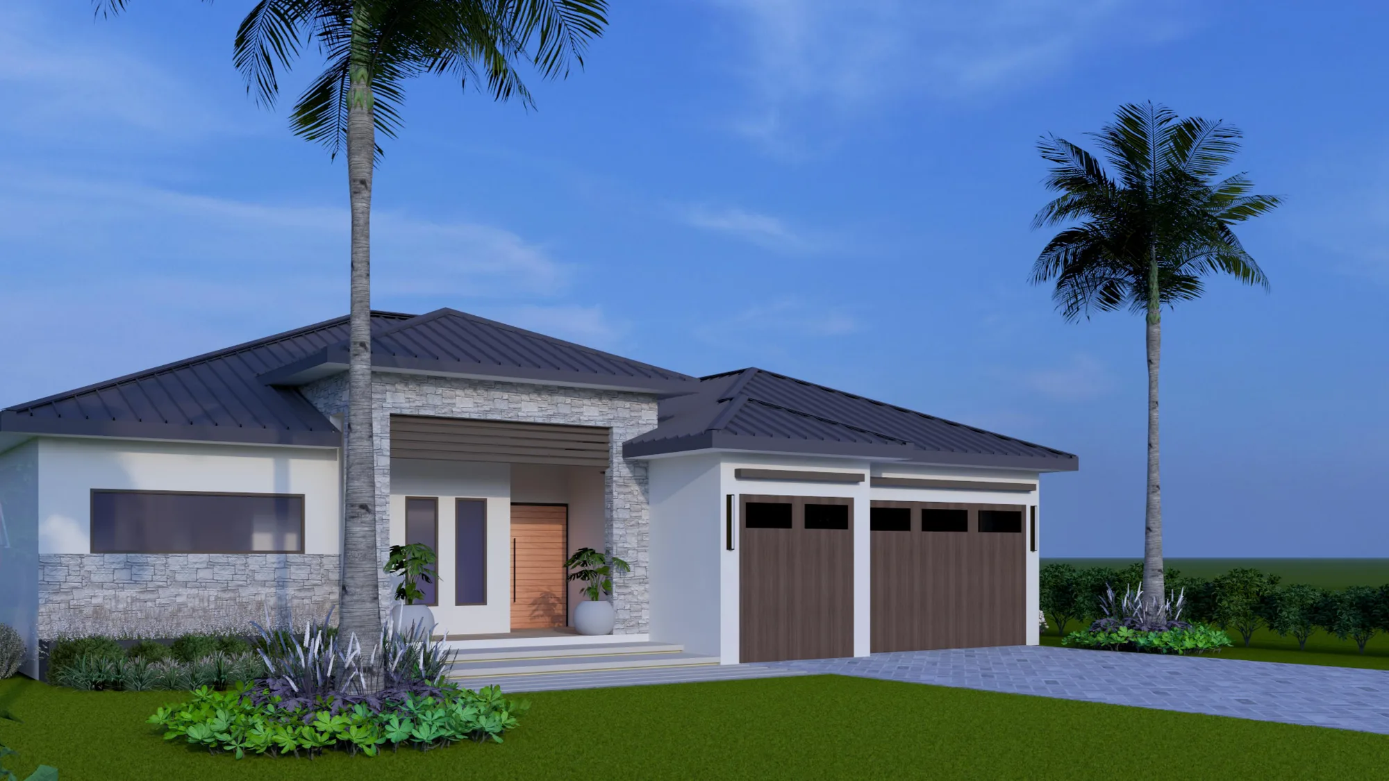 Front elevation rendering of a Palma Collection custom home with stone accents and a metal roof