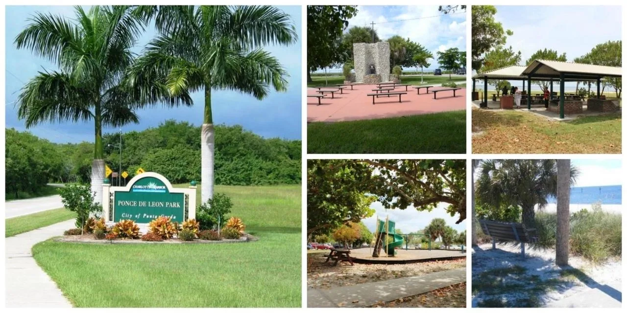 Collage of Ponce de Leon Park in Punta Gorda, showing the entrance sign, memorial, pavilion, and playground