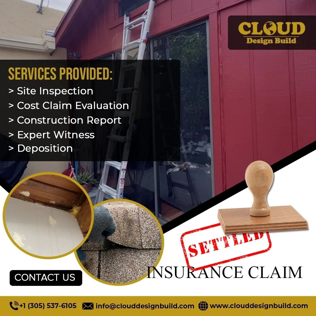 Cloud Design Build graphic listing site inspection, evaluation, report, and expert witness services for a settled claim
